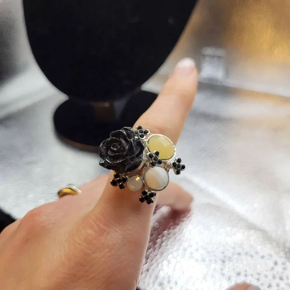 Vintage Unique Bohemian Black Rose Ring- size 7.5